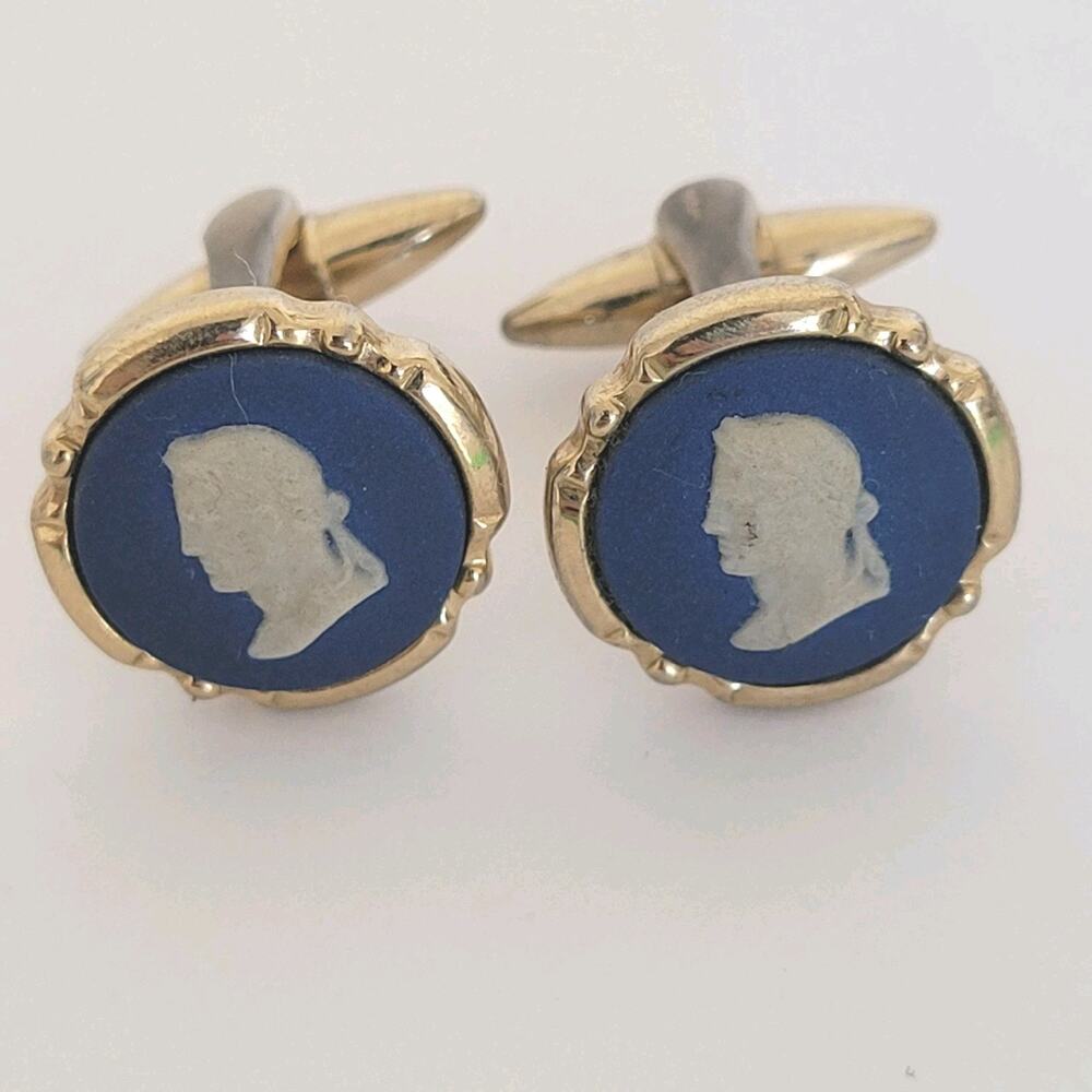 Wedgwood Jasperwear Cufflinks Set Gold Blue‎ Tone Roman Emperor Round England